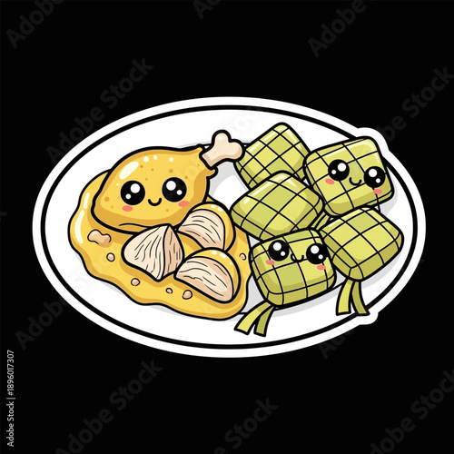 Cute Cartoon Food Sticker Design Delicious Chicken Curry with Ketupat Rice Cakes
