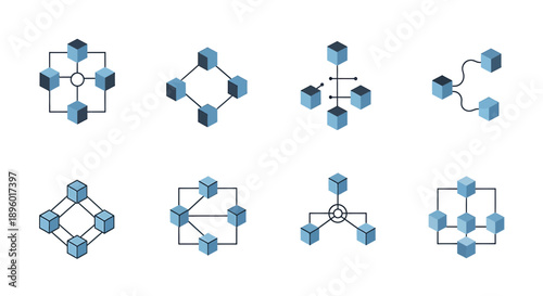 Eight distinct 3D cube network topology diagrams illustrating various interconnected node structures and data flow concepts.