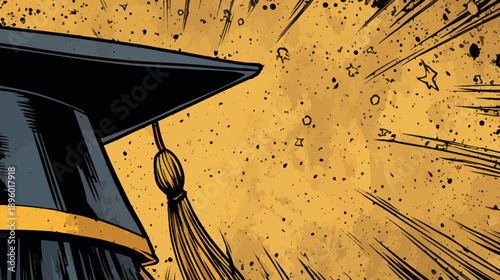 Comic-style illustration of a graduation cap against a background of scattered dots and lines