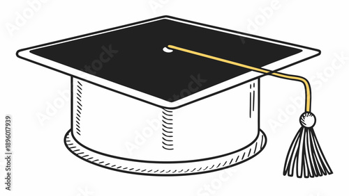 Illustration of a graduation cap with a tassel and a square top in black and white color scheme style on transparent background silhouette