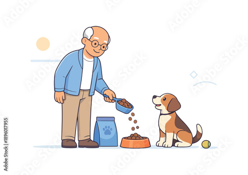 Elderly man feeding dog with kibble, flat vector illustration