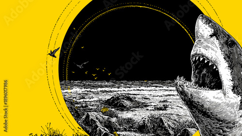 A stylized illustration features a shark, birds, and an ocean. A yellow arc frames the dark sky