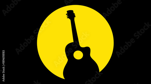A silhouette of a guitar against a vibrant yellow circle on a black background