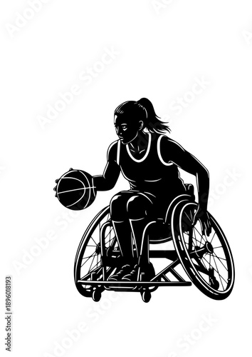 Wheelchair Basketball Silhouette Athlete Player Dribbling Ball Paralympic Sport Competition Vector