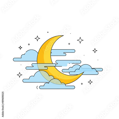 Whimsical flat design vector illustration depicting a peaceful crescent moon nestled among soft clouds and sparkling stars, perfect for dreamy night sky themes