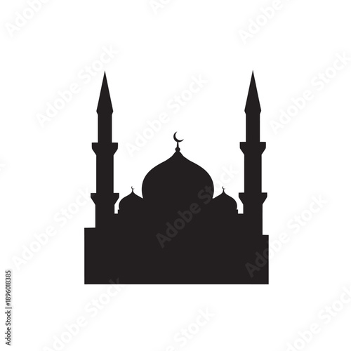 Silhouette of a mosque with two minarets and a dome, representing Islamic architecture and religious sites