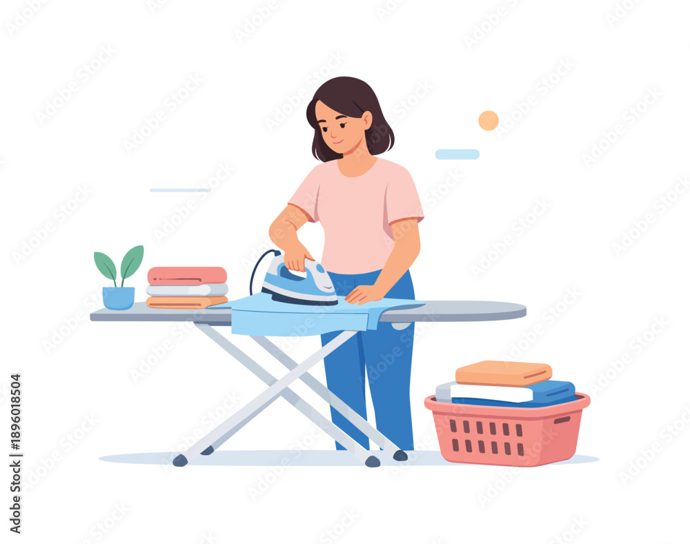 Fototapeta premium Woman ironing clothes at home with ironing board, flat vector illustration