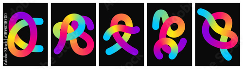 Abstract collection of vibrant rainbow gradient knotted tubes on black background