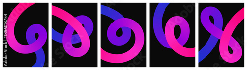 Abstract 3D fluid neon gradient tubes looping on black background panels