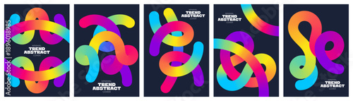 Abstract set of multicolored 3D fluid gradient curves on white background