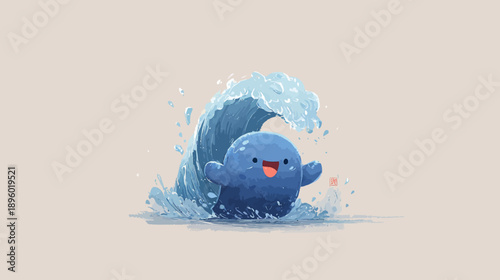 A cartoonish, blue character smiles widely as a wave crashes around it