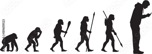Human evolution progression via silhouettes, ending with a modern individual glued to a smartphone, depicting technology's societal and postural impact