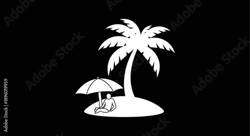 Silhouette of person relaxing under umbrella on tropical island.