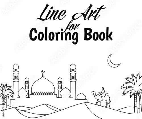 Ramadan Kareem Mosque in the Desert at Night – Line Art Coloring Book