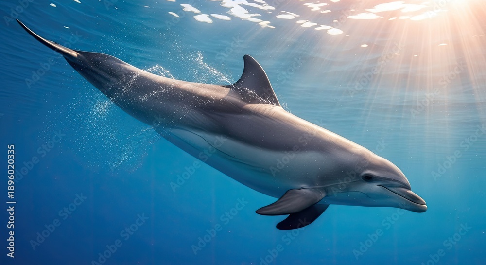 Obraz premium Dolphin swimming underwater with sunlight