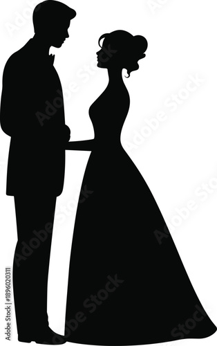 Romantic couple silhouette, formal attire pose, wedding or prom theme, black vector illustration, emotional connection design for love and celebration