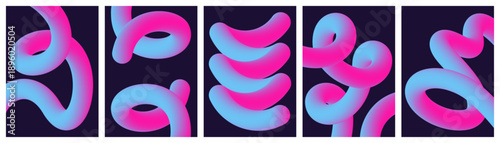 Abstract 3D curved fluid tubes with pink cyan neon gradient
