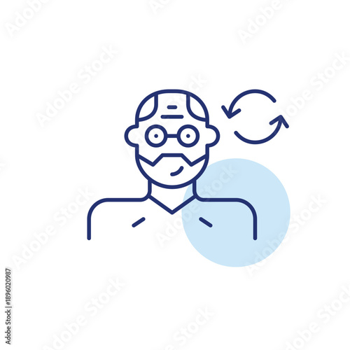 Middle aged man avatar and refresh arrows. Profile update, account renewal. Pixel perfect, editable stroke vector icon