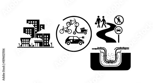 Urban Infrastructure Icon Set Featuring City Buildings Sustainable Transport Mobility Pedestrian Safety And Underground Utility Systems