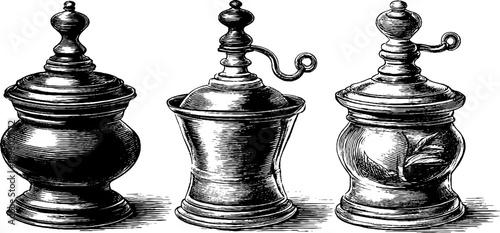 Antique apothecary funnel set with botanical designs - 19th century engraved illustrations