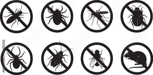 Collection of Various Insect and Pest Control Icons with a Prohibition Symbol, Representing Pest Management and Extermination Services