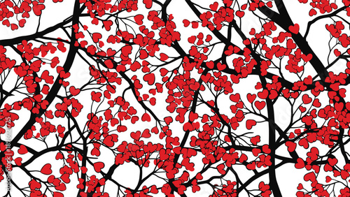 Romantic seamless pattern shows black tree branches filled with many tiny bright red heart shaped leaves on a white background.