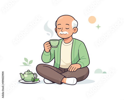 Elderly man enjoying tea, relaxed sitting pose, flat vector illustration