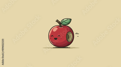 A red apple with a smiling face and a hole, rolling to the right. A green leaf tops it