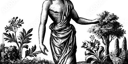 Botanical marble statue with vintage engraving in a lush garden setting