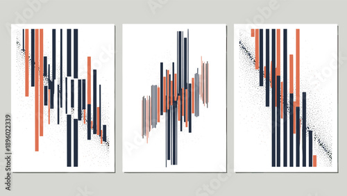 Set of three abstract art posters featuring vertical lines in orange, blue, and gray with speckle textures on a minimalist white background.