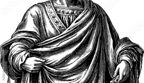 Vintage silhouette of statue with cloak in botanical engraving style for retro design