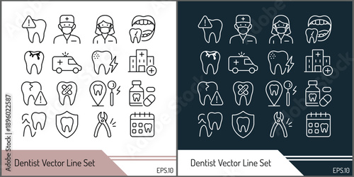 Dentist Vector Line Icon Set for Dental Care and Oral Health