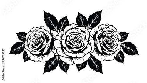 Sophisticated black and white illustration featuring three detailed roses and leaves in a graceful floral horizontal spray for frames.