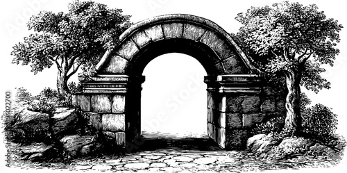 Vintage stone arch gateway and botanical passage from 19th century engraving