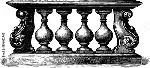 Classical stone baluster with vintage botanical design engraving for retro decor