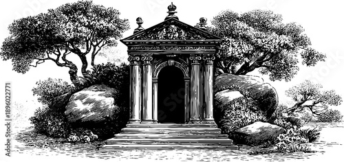 Classical architectural stone doorway with botanical elements - vintage engraving design for historical inspiration