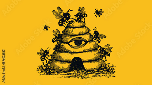 A black and yellow image of bees surrounding a beehive with an eye in the center