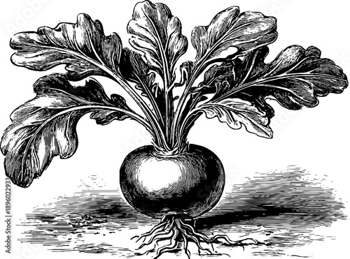 Vintage botanical illustration of sugar beet plant with roots from 19th century