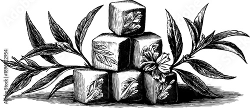 Vintage botanical engraving of sugar cubes with floral elements for label design