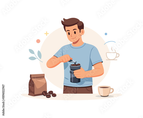 Man grinding coffee beans with manual grinder, flat vector illustration