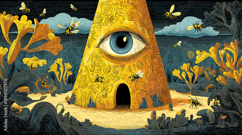 Surreal illustration of a bee hive with a giant eye, surrounded by plants and clouds, and bees