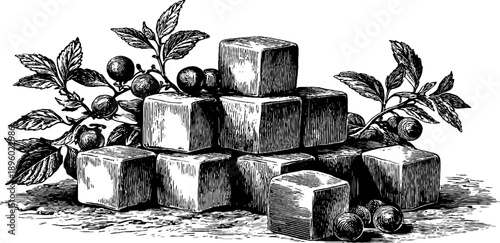 Vintage botanical engraving of sugar cubes with leaves and berries for retro design