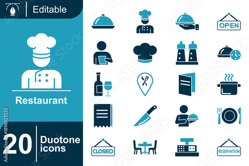 Restaurant icons for a food service business, including chefs, open and closed signs, and dining table sets