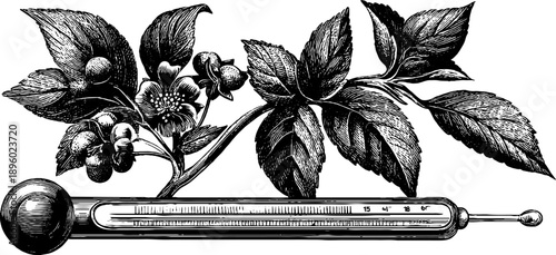 Vintage botanical thermometer engraving with scientific instrument and leaves