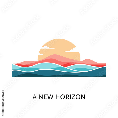 A vibrant abstract landscape painting depicting a serene sunrise over rolling hills and a colorful, wavy ocean