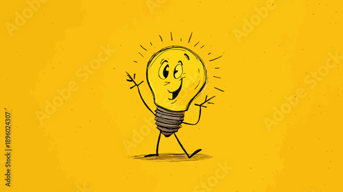 A smiling, cartoon lightbulb character with arms and legs against a yellow background