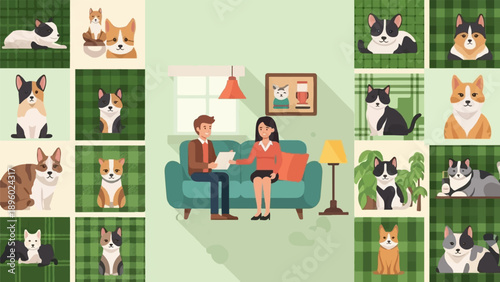 Two people in a room with multiple cat portraits on the walls
