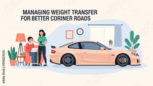 Two people discuss car weight transfer in a room with a car