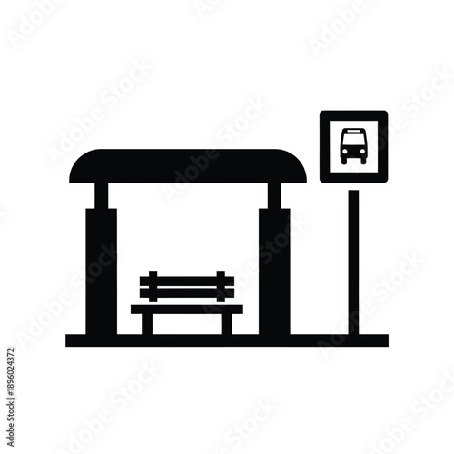 A black silhouette of a bus stop with a bench and a sign indicating a bus route
