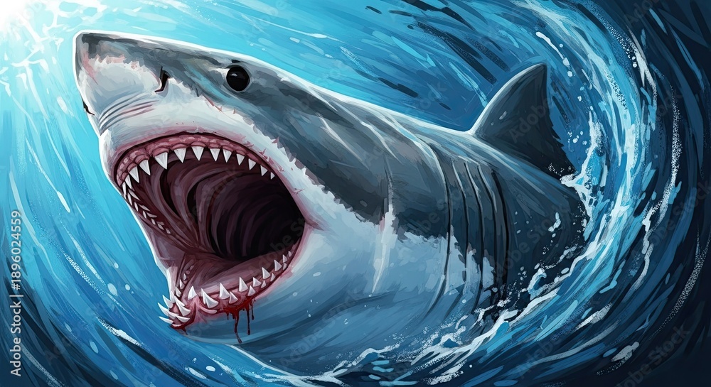 Naklejka premium A large gray shark with its mouth open in the ocean water